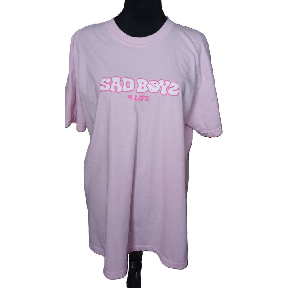 Sad Boyz Men's Size Large 100% Cotton Pink T- Shirt with Graphic Print on Back